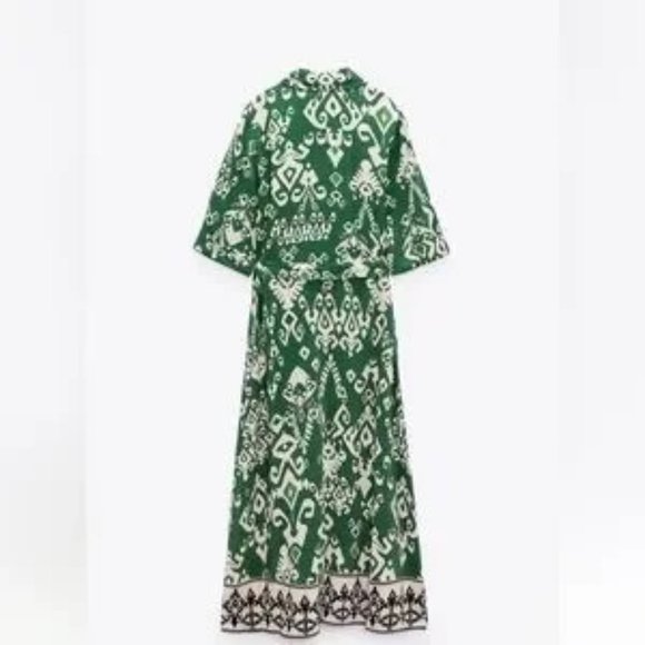 Zara Belted Printed Green Short Sleeves Button Front Midi Shirt Dress Size S - Picture 6 of 10